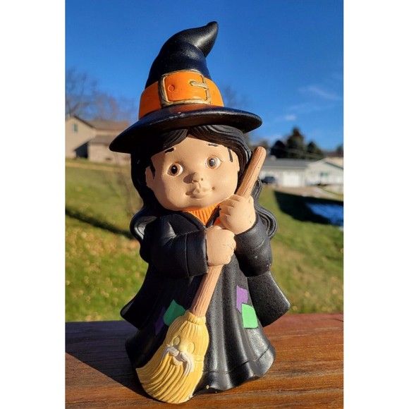 Other - Vintage Halloween Ceramic WITCH Little Girl Broom Painted FIGURINE - 8" Mold